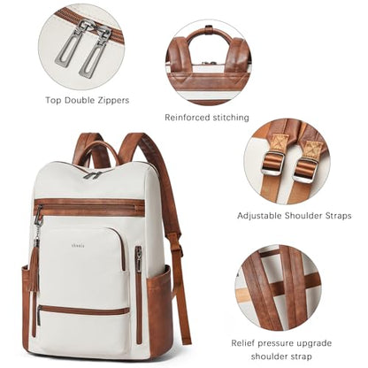 Upgraded 17 inch Leather Laptop Backpack for Women | Waterproof Vegan Leather Computer Backpack with Laptop Compartment,32L Large Capacity,Travel Work Business College - color: Beige With Brown