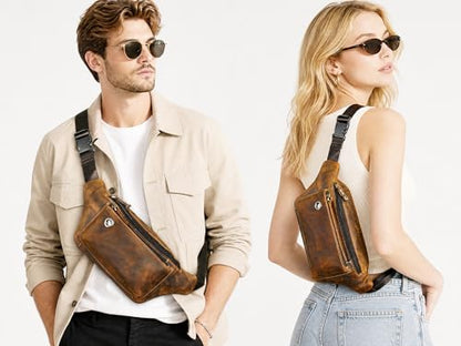 Water Resistant Canvas + Leather Hiking Riding Travel Fanny Waist Pack Small Phone Pouch For Men Women FB811-29 (W-8138-Brown) - color: W-8138-Brown