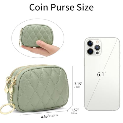 SENDEFN Women's Coin Purse Genuine Leather Wallet Small 2 Zippers Change Pouch Purse with Keychain Ring - color: 2-Green