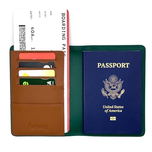 Slim Nappa Leather RFID Blocking Passport Cover (Green/Brown) | Genuine Leather Passport Holder for Men and Women - color: Green / Brown