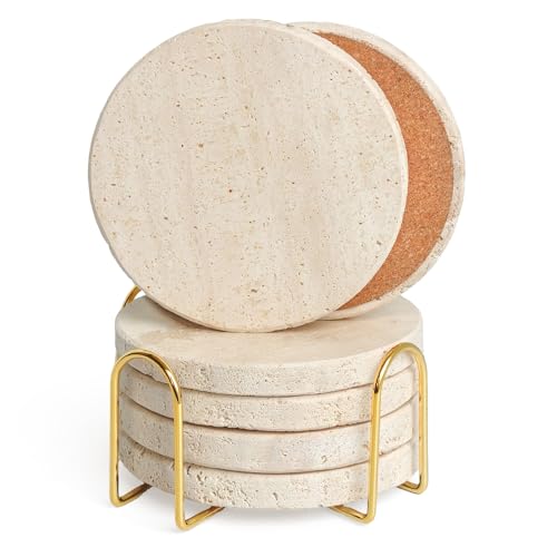 Natural Travertine Marble Coasters Set of 6-4" Round | Non-Slip Cork Backing, Festival Gifts, Wedding, Protect Tables from Stains & Scratches - size: Round 6 Pcs