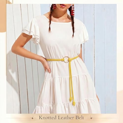 WHIPPY Women Skinny Leather Belts for Dresses Boho Thin Leather Knotted Waist Belt - color: Yellow, size: Fit Waist Size up to 53"