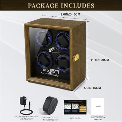 Watch Winder for Automatic Watches, Walnut 4 Slots Winding Watch Box with Japanese Quiet Motor & Blue LED for Rolex and Auto Watches, Wooden Rotating Watch Case Used for Storage, Display & Gift - size: 4 slots