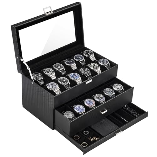 ProCase 3-Layer Watch Box with Glass Lid for Men, 24-Slot, Allblack | PU Outer, Velvet Lining, Jewelry Storage Organizer with Drawer, for Straps Cufflinks Rings, Gift for Men Father Dad Husband - color: Allblack, size: 24-Slot