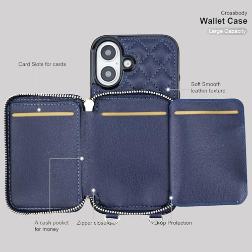Bocasal Crossbody Wallet Case Card Holder for iPhone 16, Dark Blue | RFID Blocking PU Leather Zipper Handbag Purse, Kickstand Flip Folio Case with Card Slots Holder Wrist Strap Lanyard 6.1 Inch - color: Dark Blue