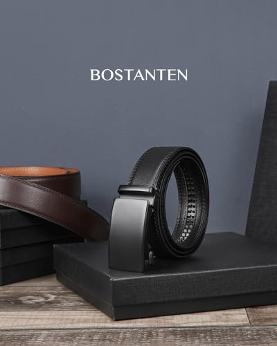 BOSTANTEN Ratchet Belts for Men Leather Trim to Fit 1 3/8“ Gift Boxed | Micro-Adjustable Buckle, Smooth Sliding, Customizable Fit, Holeless, Dress and Casual - color: A01-black, size: 46"-52" Waist Adjustable