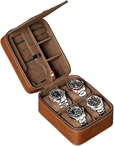 ROTHWELL 5 Watch Travel Case Storage Organizer for 5 Watches | Tough Portable Protection w/Zipper Fits All Wristwatches & Smart Watches Up to 50mm (Tan/Brown) - color: Tan / Brown