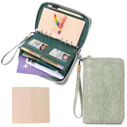 A6 Binder Zipper Budget, Planner for Travel & Study | Faux leather A6 organizer with zipper, cash pouches, lined pages, card slots and pen holder for budgeting. - color: Green2