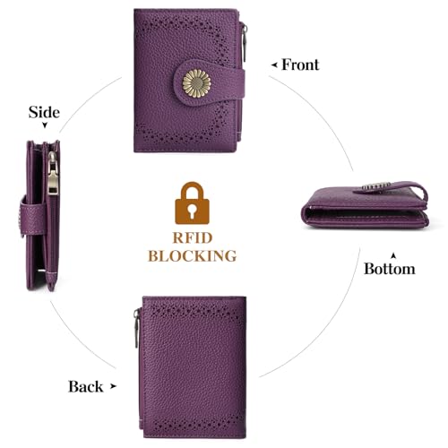 SENDEFN Small Wallets for Women Bifold RFID Blocking Leather Card Holder Compact Wallet with Zipper Coin Pocket - color: A-Purple