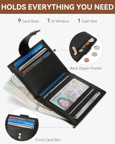 BOSTANTEN Slim Wallet Women Small RFID Blocking Credit Card Holder | Pebble Leather, Thin, Bifold, Zipper Coin Pocket, Compact, Fits in Small Purses, Great Gifts, Black - color: Black