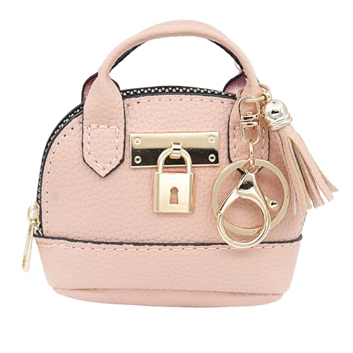 Mini Tote Purse Keychain, Cute Tote Bag Coin Purse Keychain, Mini Backpack Keychain Wallet PU Leather (Pink) - color: Pink