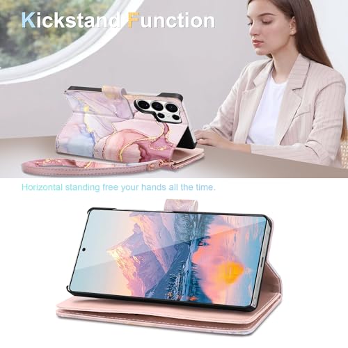 Fingic for Samsung Galaxy S26 Ultra Wallet Case with Card Holder Kickstand | PU Leather Detachable Wrist Strap Shockproof Protective Flip Phone Case for Women for Galaxy S26 Ultra 6.9" 2026, Rose Gold