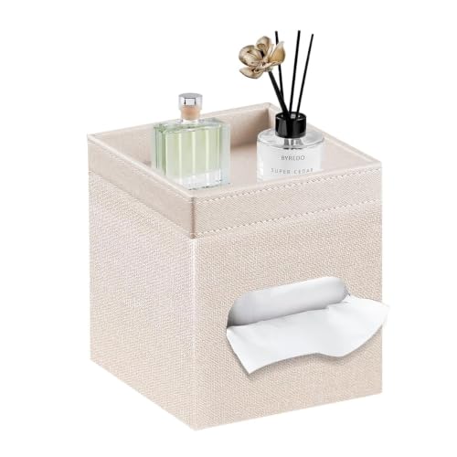 PU Leather Square Tissue Box Cover with Storage Tray,Modern Decorative Tissue Holder for Bathroom Vanity Night Stands, Office Desk,Stylish Tissue Holder for Home & Office Décor | PU Leather Side Open Napkin Caddy,Facial Paper Dispenser for Bathroom Vanity