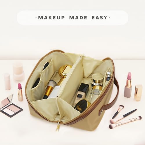 Travel Makeup Bag – Large Cosmetic Organizer with Waterproof Nylon, Smooth Double Zipper & Tear-Resistant Lining, Toiletry Pouch for Women (Khaki) - color: 05-Khaki