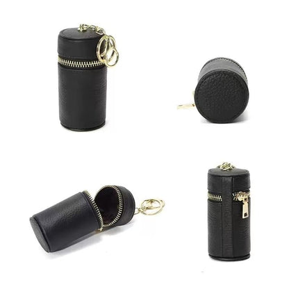 1 PCS Genuine Leather Cylinder Keychain for Women, Black Mini Lipstick Pouch & Car Key Holder, Fashionable Small Wallet for Coins, Chic Purse Accessory Gift