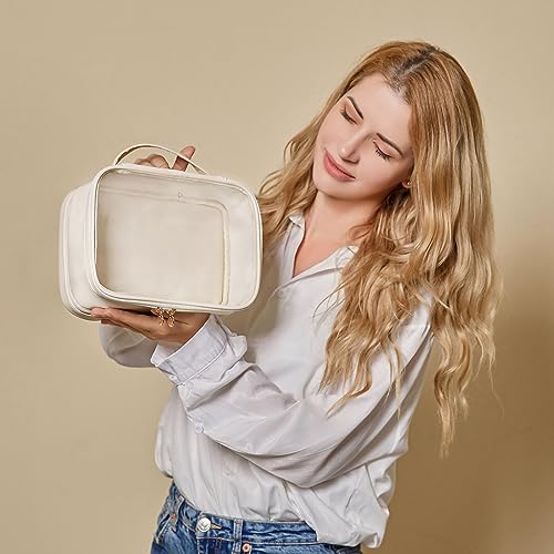Pocmimut Clear Makeup Bag,Double Layer Large Cosmetic Bag with Makeup Brush Bag,TSA Approved Toiletry Bag Makeup Case Car Accessories Travel Essentials Organizers for Women,Begie - color: Beige, style: Large