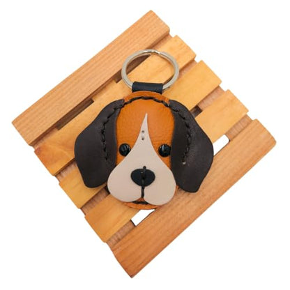 Genuine Leather Keychain, Animal Keyring, Bag Purse Charm Pendant Gifts Handmade, Cute Key Holder, Pets Lover Accessories - color: Begle Dark Brown Ears