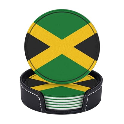 Jamaica Flag Leather Drinks Coasters with Holder, Set of 6, Suitable for Various Cups - color: Jamaica Flag