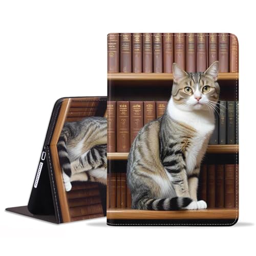 Case for Samsung Galaxy Tab S10 Lite/ S10 FE/ S9 FE 5G 10.9 Inch/ S9 11 Inch, Adjustable Stand Auto Wake/Sleep Smart Leather Cover, Cat On Bookshelf - color: Cat On Bookshelf