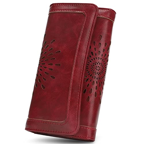 APHISON Womens Wallets RFID Blocking Leather Clutch Long Wallet for Women Card Holder Phone Organizer Ladies Travel Purse Hollow Out Sunflower Design Gift - color: red