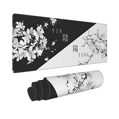 Japanese Large Gaming Mouse Pad, Cherry Blossom Pattern | Black and White Design XL Mousepad with Nonslip Rubber Base & Stitched Edges, Big Desk Mat for Keyboard-31.5x11.8 Inch - color: Japanese Black White Cherry Blossom, size: 31.5" x 11.8"