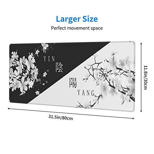Japanese Large Gaming Mouse Pad, Cherry Blossom Pattern | Black and White Design XL Mousepad with Nonslip Rubber Base & Stitched Edges, Big Desk Mat for Keyboard-31.5x11.8 Inch - color: Japanese Black White Cherry Blossom, size: 31.5" x 11.8"