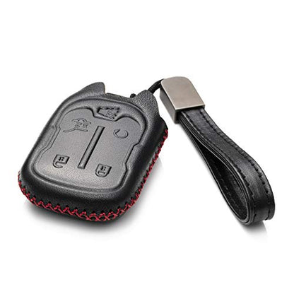 Genuine Leather Smart Key Fob Case with Leather Strap Compatible for GMC Acadia, GMC Terrain (2017 - 2023 Models ) - 5-Button, Black/Red - color: Black/Red