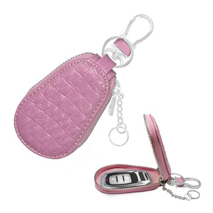 Leather Car Keychain Case Holder - Keyring Zipper Bag Auto Key Fob Cover Case with Metal Hook - Car Key Case Smart Key Fob Protector for Remote Key Fob (Pink) - color: Pink