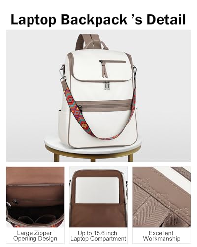FADEON Laptop Backpack for Women, Vegan Leather 15.6 inch Computer bag | Waterproof Backpack Fits 13 14 inch, Padded Sleeve, Designer Water Bottle Pockets, Luggage Strap for Travel Work School - color: White Retro Style