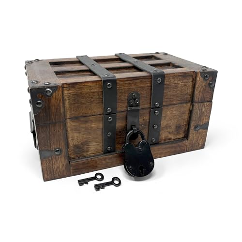 Nautical Cove Deluxe Handmade Rectangular Wooden Treasure Chest – Flat Lid Design with Real Leather Accents, Working Iron Lock & Skeleton Keys, Decorative Storage Box (Medium - 11 x 6.5 X 5.5) - size: Medium 11 x 6.5 X 5.5