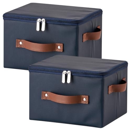 2PCS Storage Bins with Zipper Lid PU leather Storage Boxes Leather Fabric Collapsible Lidded Baskets Cube with Handle Decorative Shelves Closet Organizer Container(Dark Blue, Small Size) - color: Dark Blue, size: Small(set of 2)