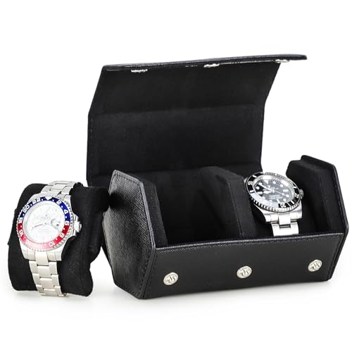 Hiram Genuine Leather Saffiano Watch Roll Travel Case, Leather 2-Watches Roll Case for Treasured Watches and Bracelets(Black) - color: Black, size: 2-slots