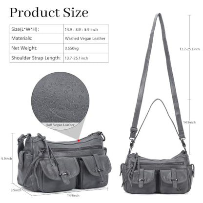 Angel Kiss Hobo Purses for Women Crossbody Shoulder Bag Ladies Multi Pocket Handbags with Adjustable Shoulder Strap | Soft Vegan Leather - color: Grey