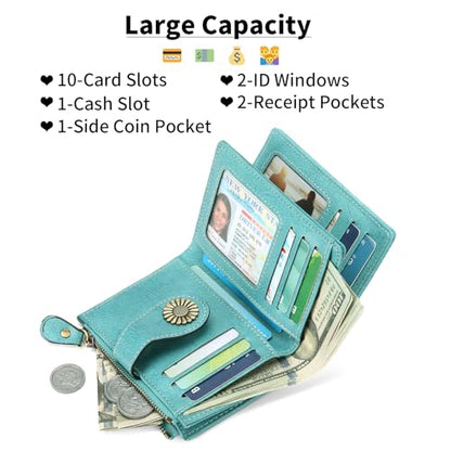 SENDEFN Small Womens Wallet Leather Bifold Card Holder RFID Blocking with Zipper Coin Pocket - color: 1-Wax-Blue-3