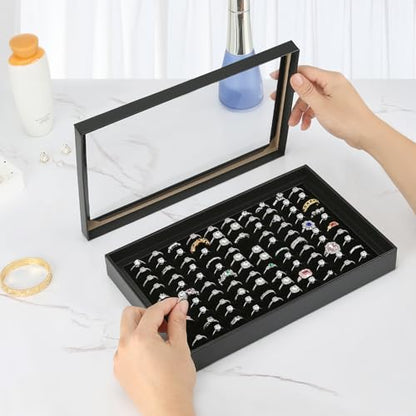 KUKUVR 100 Slots Ring Earring Holder Display Case (Black) | Velvet, Clear Lid, Ring Earring Storage Organizer Box Tray, for Women and Selling Show - color: Black