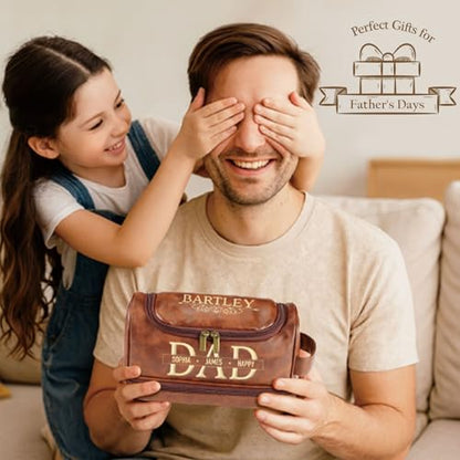 Personalized Toiletry Bag for Men - Custom Large Leather Dopp Kit with Engraved Name & Text, Personalized Gift for Groomsmen, Husband, Dad, Boyfriend, Birthday Gifts for Men - color: Brown