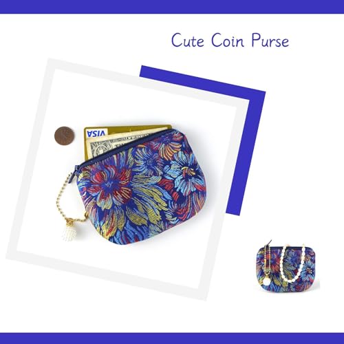 Handmade Jewelry Pouch Women Coin Purse Brocade Zipper Wallet Silk Rosary Bag Flower Pattern - DarkBlue_Colorful - color: DarkBlue