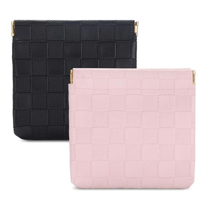 Sightor 2PCS Small Makeup Bag for Purse Mini Cosmetic Pouch Checkered Purse | Self-closing Coin Purse Lipstick Pouch Small Leather Cosmetic Pouch - color: Black, Pink
