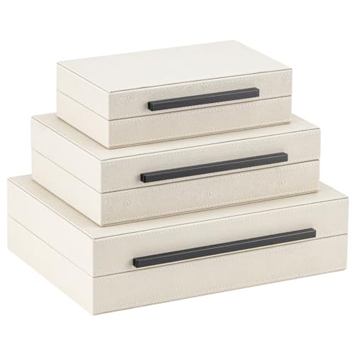 XIGEXIGE Set of 3 Beige Shagreen Decorative Storage Boxes with Black Metal Handles –Faux Leather Large Modern Stackable Nesting Jewelry Box with Lids Organizer - color: Beige+Black Handles, size: Set of 3