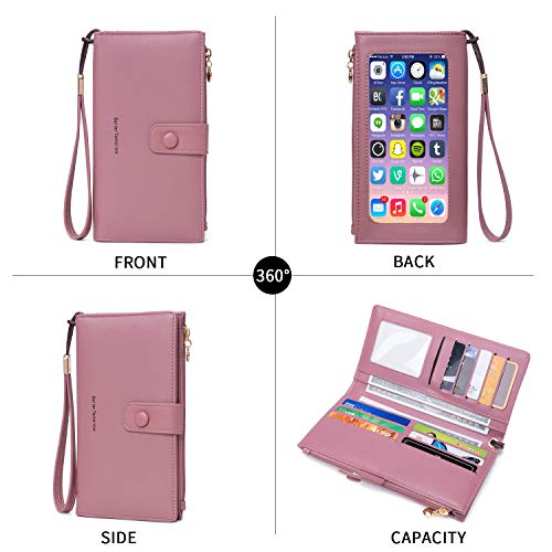 myfriday Touch Screen RFID Phone Crossbody Purse with 2 Straps for Women | Clear phone window, RFID card space, 11 slots and zip pockets support quick calls, errands, theme parks and travel - color: B-pink