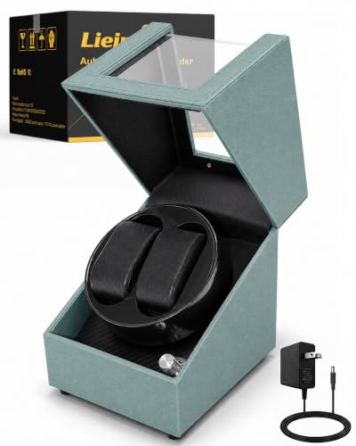 Automatic Watch Winder for Rolex and Auto Watches, Leather Double Rotating Watch Box with Japanese Quiet Motor & Blue LED, 2 Slots Winding Watch Case Used for Display, Storage & Gifts, Green - color: Green