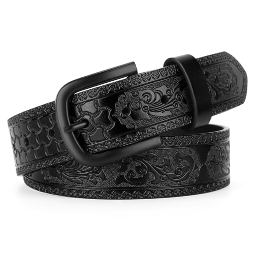 Western Cowboy Belt for Men, Cowboy Leather Belt Embossed Mens Western Belts for Jeans - size: Fit Waist Size 34-37"