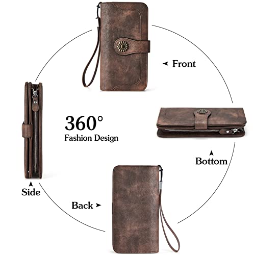 BOSTANTEN Leather Wallets for Women RFID Blocking Wristlet Clutch Purse | 13 Card Slots, Phone ＆ Card Holder, Large Capacity, Long Bifold, Zipper Coin Pocket, Ladies Gifts, Coffee - color: 1-1-coffee-rg