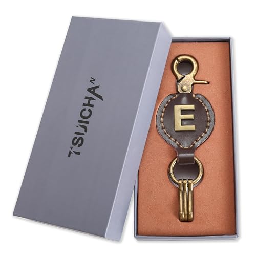 Initial Letter Keychain Brown Leather Alphabet Keychain with Easy Clasp, Key Car Key Bag Key Ring for Women Mens - color: E