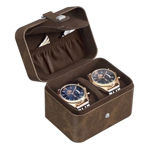 SONGMICS 2 Watch Travel Case, 2-Slot Watch Box, Pillow with Hidden Storage, Adjustable Divider, Flap Pocket, 4 x 4.7 x 3.3 Inches, Gift Idea, Brown Surface, Brown Lining UJWB029KZ01 - color: Brown + Brown