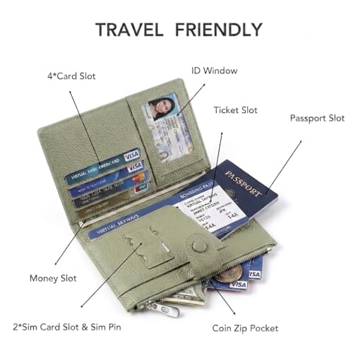 Genuine Leather Passport Holder for Women, RFID Blocking Compact Travel Wallet with Card Slots, Zipper Coin Pocket and SIM Slots, Slim Passport Cover Case, Green - color: Green