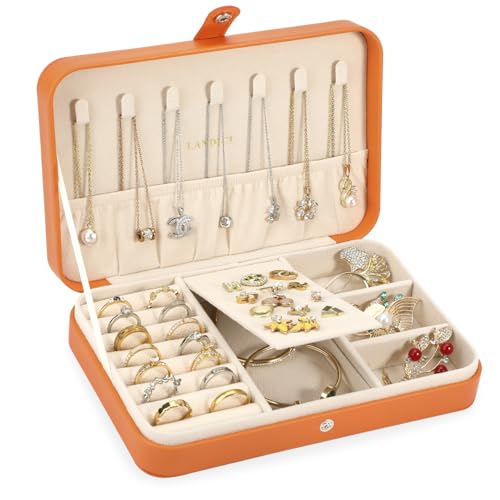 LANDICI Small Jewelry Box for Women Girls, PU Leather Travel Jewelry Case, Portable Jewelry Organizer Storage Holder Display for Ring Earrings Necklace Bracelet Bangle Men Kids Gift, Orange - color: Orange