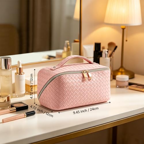 Travel Makeup Bag for Women, Waterproof Vegan Leather Cosmetic Bag, Large Capacity Pouch Open Toiletry Bag with Brush Compartment and Handle - color: B-Green