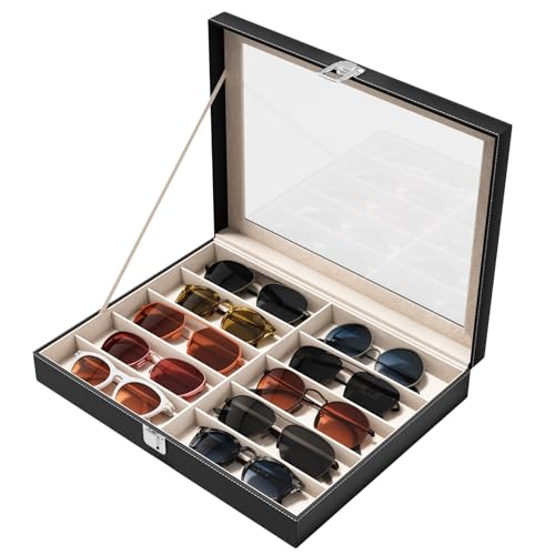 NEWLOOP 10/30 Slots Sunglass Organizer for Multiple Pairs of Eyeglass See-through Display Case Storage Box for Women Men - color: 1 Layer With 10 Slots, Black