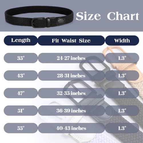 LEACOOLKEY Women Men Braided Stretchy Woven Belt for Jeans Pants Casual Golf Fabric Elastic Belt Width 1.3" - color: Black, size: Fit waist size 36"-39"